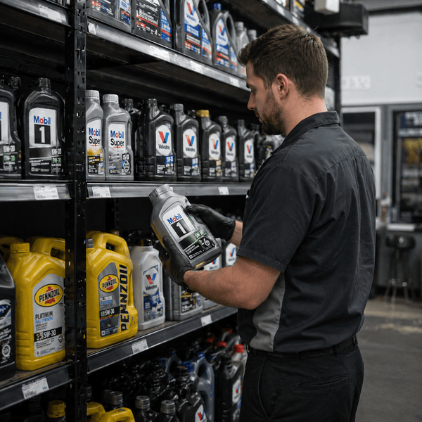 A technician selecting oil before an oil change in Columbus, Ohio